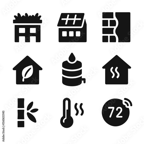 Sustainable Architecture Icons. Solid, filled icon set of sustainable architecture: green rooftop, solar windows, insulated wall,
