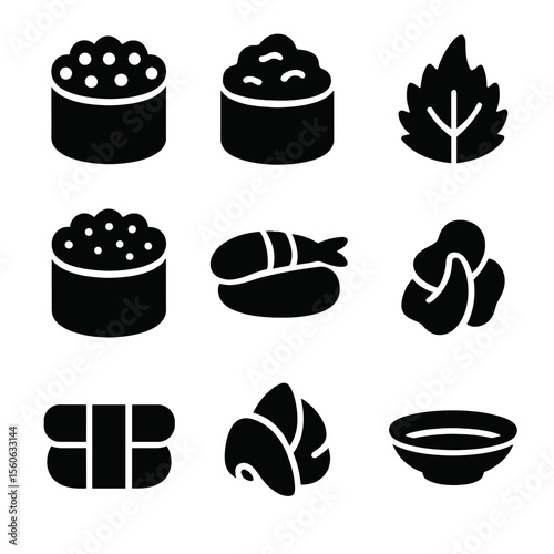 Sushi Toppings Icons. Solid, Filled icon set of sushi toppings: ikura, tobiko, uni, masago, amaebi, shiso leaf, nori strip,