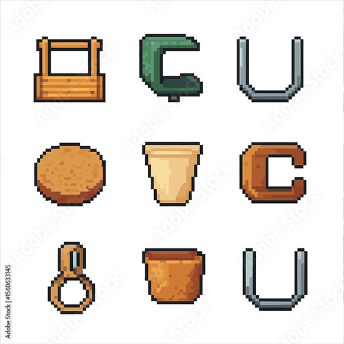 Sustainable Cup Holder Icons. Pixel art icon set of sustainable cup holders: bamboo rack, recycled plastic clamp, stainless steel