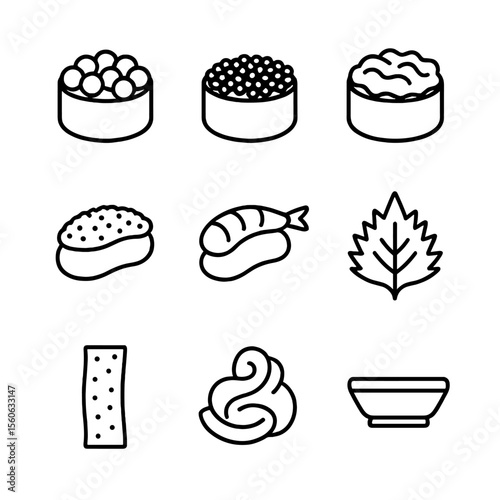 Sushi Toppings Icons. Outline icon set of sushi toppings: ikura, tobiko, uni, masago, amaebi, shiso leaf, nori strip, pickled