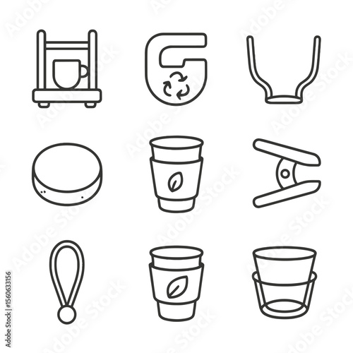 Sustainable Cup Holder Icons. Outline icon set of sustainable cup holders: bamboo rack, recycled plastic clamp, stainless steel