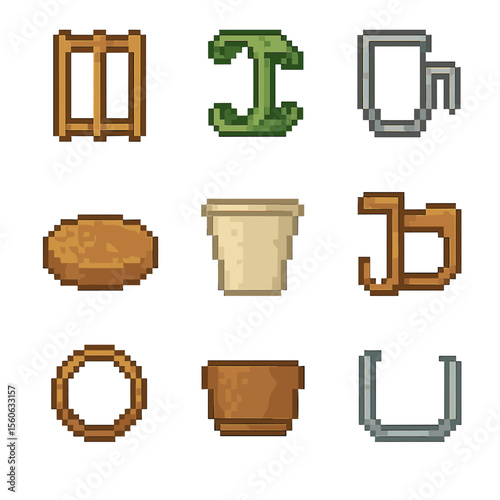 Sustainable Cup Holder Icons. Pixel art icon set of sustainable cup holders: bamboo rack, recycled plastic clamp, stainless steel