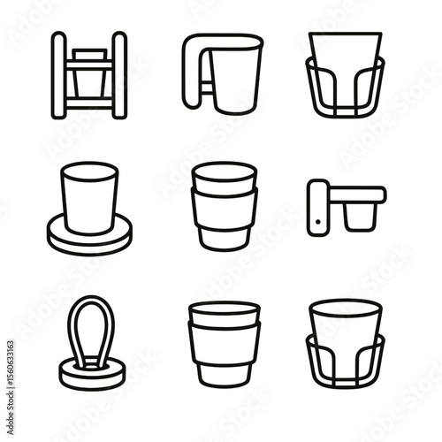 Sustainable Cup Holder Icons. Outline icon set of sustainable cup holders: bamboo rack, recycled plastic clamp, stainless steel