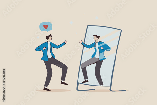 Self acceptance, love and respect yourself, key to success, confidence and positive thinking, attitude or mindset for leader concept, confidence businessman appreciate his self reflection on mirror.