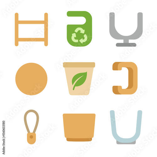Sustainable Cup Holder Icons. Flat icon set of sustainable cup holders: bamboo rack, recycled plastic clamp, stainless steel