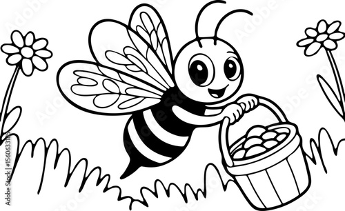 Cartoon Bee with Honey Basket Coloring Page