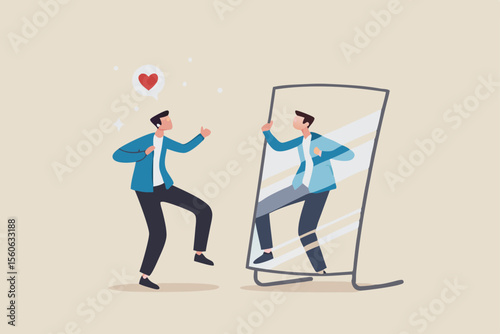 Self acceptance, love and respect yourself, key to success, confidence and positive thinking, attitude or mindset for leader concept, confidence businessman appreciate his self reflection on mirror.