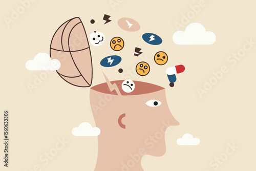 Negative thinking bad attitude cause of failure or fear, depression and sadness, emotional or mental problem, stress anxiety concept, human open head with negative symbol, thumb down, anger and chaos.
