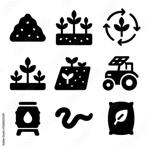 Sustainable Farming Icons. Solid, Filled icon set of sustainable farming: compost pile, cover crop, crop rotation arrows, green