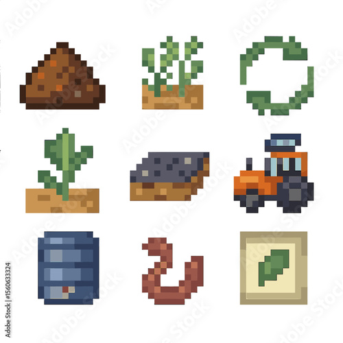 Sustainable Farming Icons. Pixel art icon set of sustainable farming: compost pile, cover crop, crop rotation arrows, green manure