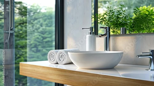 Contemporary bathroom showcases minimalist design with elegant fixtures, a stylish bowl sink, soft towels, and abundant natural light
