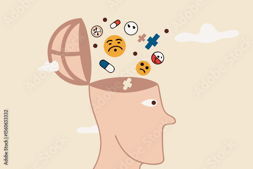 Negative thinking bad attitude cause of failure or fear, depression and sadness, emotional or mental problem, stress anxiety concept, human open head with negative symbol, thumb down, anger and chaos.