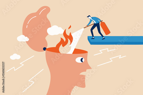 Therapy to cool down burning mind or anger, reduce burnout or mental illness, depression, cure anxiety and stress concept, man with fire extinguisher try to extinguish burning fire on human head.