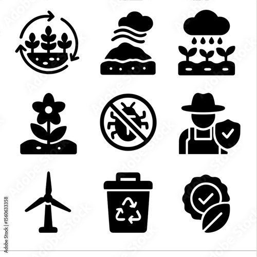 Sustainable Farming Icons. Solid, filled icon set of sustainable farm management practices: crop rotation, soil conservation,