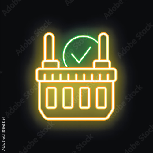 Neon sign of a yellow shopping basket with a green check mark, indicating a completed purchase or a successful online order