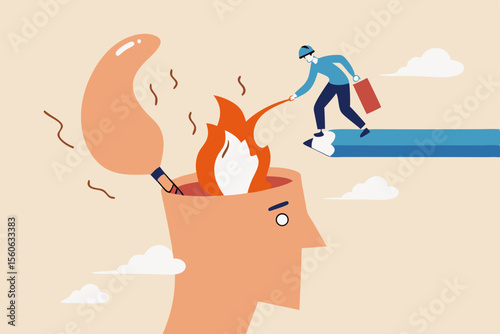 Therapy to cool down burning mind or anger, reduce burnout or mental illness, depression, cure anxiety and stress concept, man with fire extinguisher try to extinguish burning fire on human head.