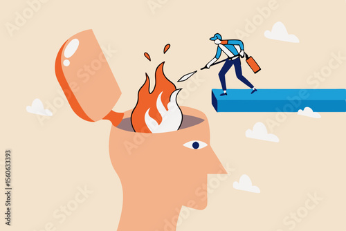 Therapy to cool down burning mind or anger, reduce burnout or mental illness, depression, cure anxiety and stress concept, man with fire extinguisher try to extinguish burning fire on human head.