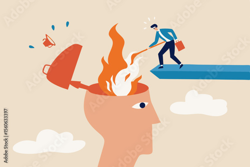 Therapy to cool down burning mind or anger, reduce burnout or mental illness, depression, cure anxiety and stress concept, man with fire extinguisher try to extinguish burning fire on human head.