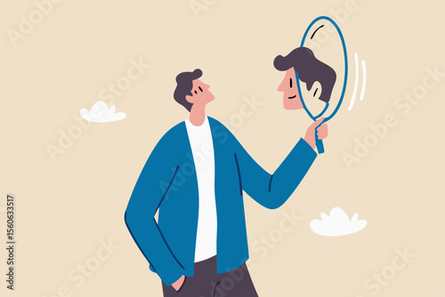 Self awareness, aware of different aspect of self, behaviors and feelings, psychology state of oneself becomes focus of attention, businessman found himself from mirror thinking about self awareness.