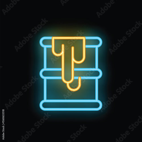 Neon sign depicting an oil drum leaking toxic waste, highlighting environmental pollution and industrial negligence