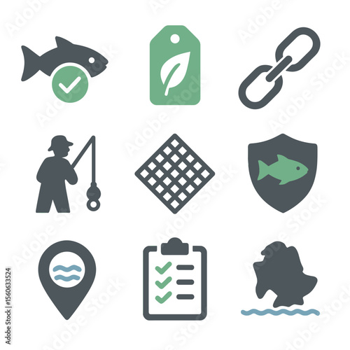 Sustainable Fishing Icons. Flat icon set of sustainable roe sourcing: certified fish icon, eco label, traceability chain, fisher