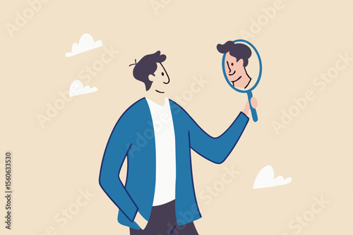 Self awareness, aware of different aspect of self, behaviors and feelings, psychology state of oneself becomes focus of attention, businessman found himself from mirror thinking about self awareness.