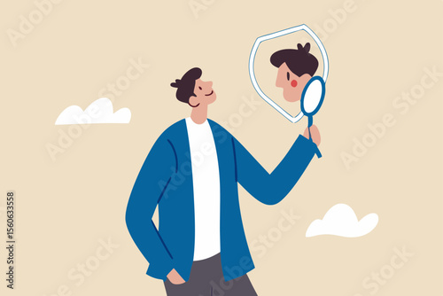 Self awareness, aware of different aspect of self, behaviors and feelings, psychology state of oneself becomes focus of attention, businessman found himself from mirror thinking about self awareness.
