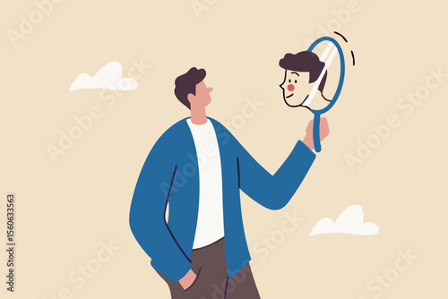 Self awareness, aware of different aspect of self, behaviors and feelings, psychology state of oneself becomes focus of attention, businessman found himself from mirror thinking about self awareness.