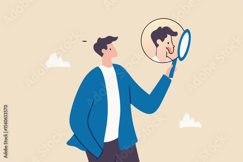 Self awareness, aware of different aspect of self, behaviors and feelings, psychology state of oneself becomes focus of attention, businessman found himself from mirror thinking about self awareness.
