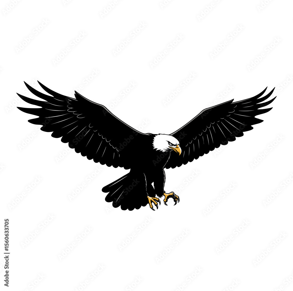 Naklejka premium Majestic Bald Eagle in Flight Black and White Vector Illustration with Detailed Feather Design