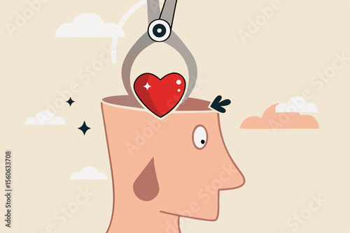 Emotional intelligence ability to understanding emotions and control self positive way, balance between heart and brain, reason and emotion concept, machine put positive heart shape into human brain.