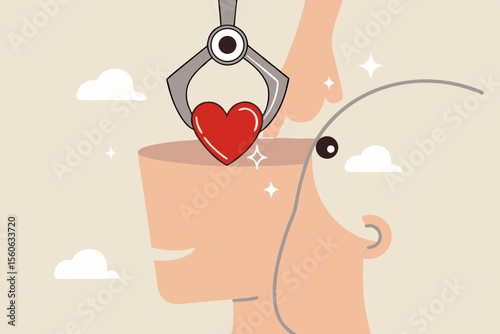 Emotional intelligence ability to understanding emotions and control self positive way, balance between heart and brain, reason and emotion concept, machine put positive heart shape into human brain.