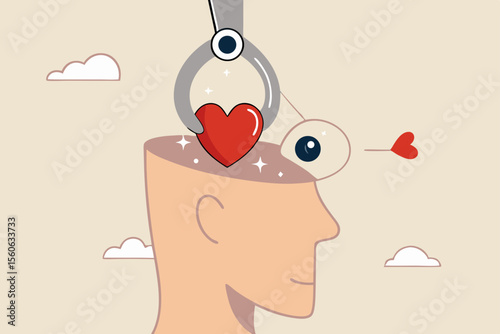 Emotional intelligence ability to understanding emotions and control self positive way, balance between heart and brain, reason and emotion concept, machine put positive heart shape into human brain.