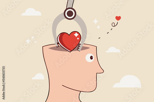 Emotional intelligence ability to understanding emotions and control self positive way, balance between heart and brain, reason and emotion concept, machine put positive heart shape into human brain.