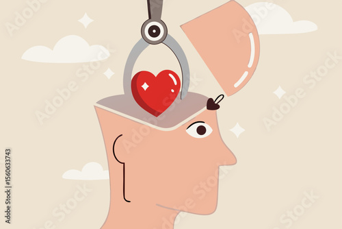 Emotional intelligence ability to understanding emotions and control self positive way, balance between heart and brain, reason and emotion concept, machine put positive heart shape into human brain.