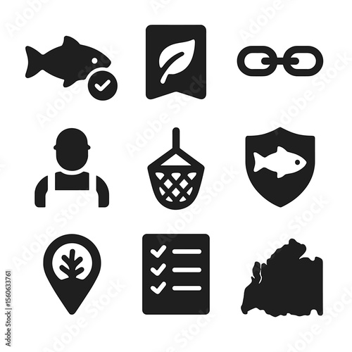 Sustainable Fishing Icons. Solid, Filled icon set of sustainable roe sourcing: certified fish icon, eco label, traceability chain,