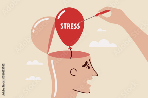 Stress management, relaxation to relieve anxiety or anger from your brain, meditation to help reduce stress concept, doctor help solve anxiety problem using needle to burst stress balloon.