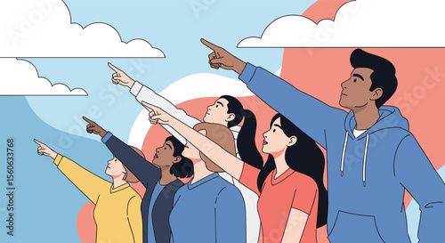 Diverse group of people pointing upwards towards a bright future together