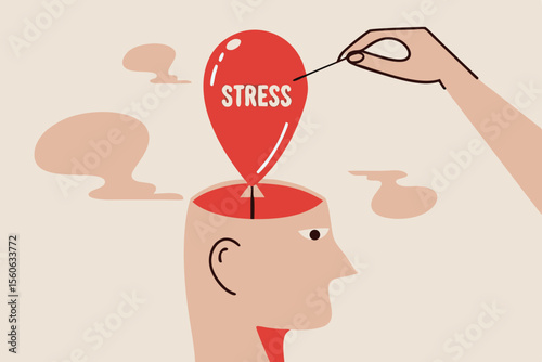 Stress management, relaxation to relieve anxiety or anger from your brain, meditation to help reduce stress concept, doctor help solve anxiety problem using needle to burst stress balloon.