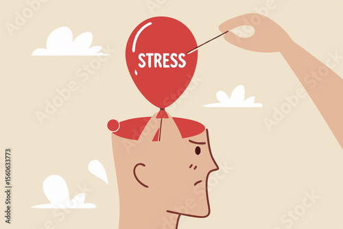 Stress management, relaxation to relieve anxiety or anger from your brain, meditation to help reduce stress concept, doctor help solve anxiety problem using needle to burst stress balloon.