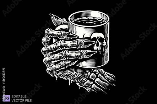 hand holding mug dark art scary creepy illustration engraving style tattoo vector black and white background templates