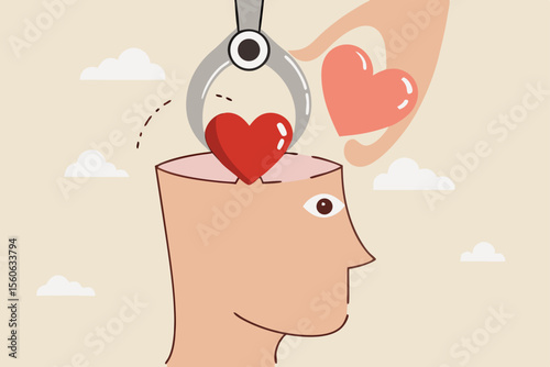 Emotional intelligence ability to understanding emotions and control self positive way, balance between heart and brain, reason and emotion concept, machine put positive heart shape into human brain.