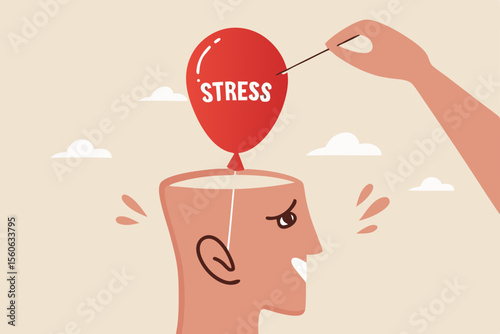 Stress management, relaxation to relieve anxiety or anger from your brain, meditation to help reduce stress concept, doctor help solve anxiety problem using needle to burst stress balloon.