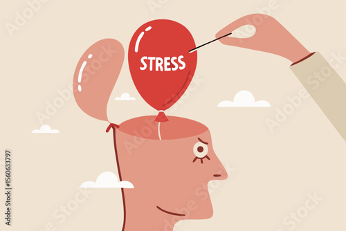 Stress management, relaxation to relieve anxiety or anger from your brain, meditation to help reduce stress concept, doctor help solve anxiety problem using needle to burst stress balloon.