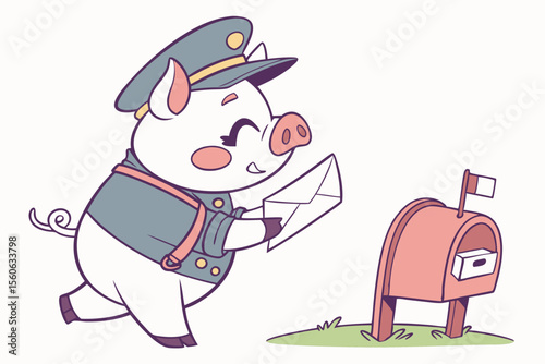 Vector cute Pig cartoon character, mail carrier uniform, holding a letter, friendly and diligent expression, mailbox hint, isolated on white background