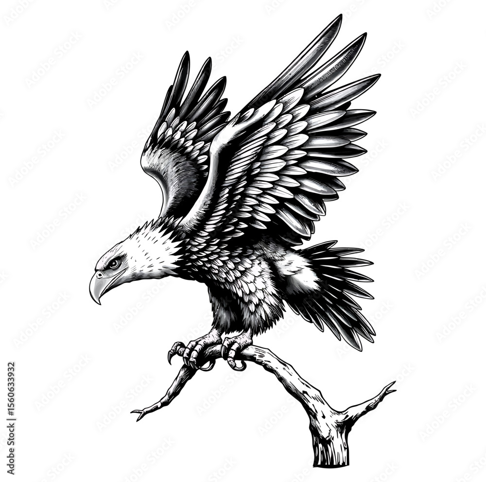 Fototapeta premium Majestic Bald Eagle Perched on Branch Illustration A Symbol of Freedom and Power Gracefully rendered in Black and White