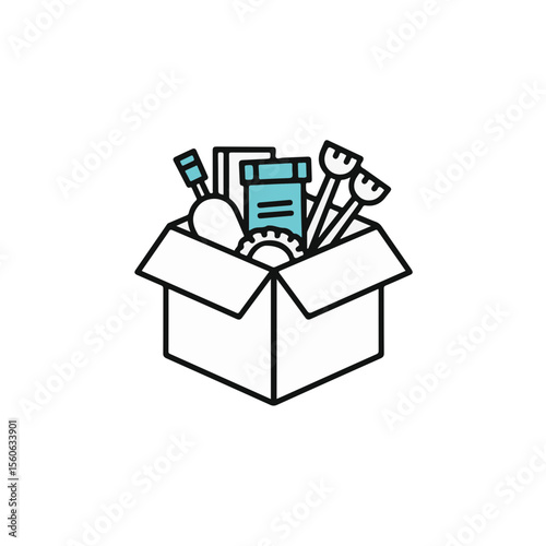 A cardboard box filled with various items, representing moving, storage, or organization.