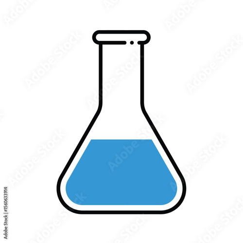 A chemical laboratory flask with blue liquid isolated on white is a quintessential science image representing chemistry and research