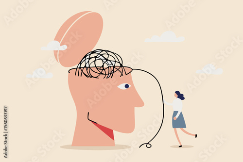 Anxiety and stress therapy, mental health treatment or psychology support, help relief anxiety or depression concept, therapist woman help eliminate chaos messy line from patient head.