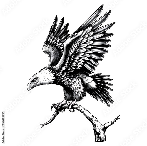 Majestic Bald Eagle Perched on Branch Illustration A Symbol of Freedom and Power Gracefully rendered in Black and White